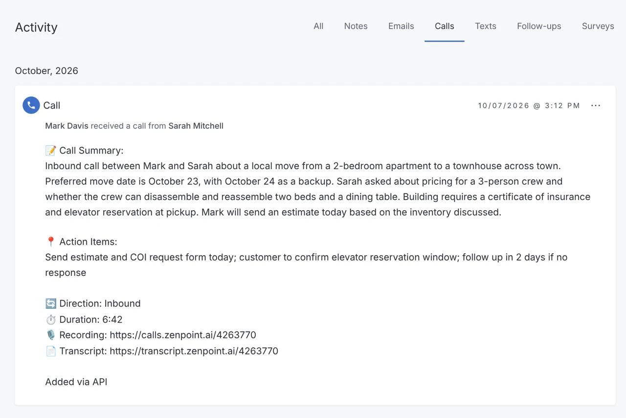 A call logged in SmartMoving with summary, action items, duration, recording and transcript links